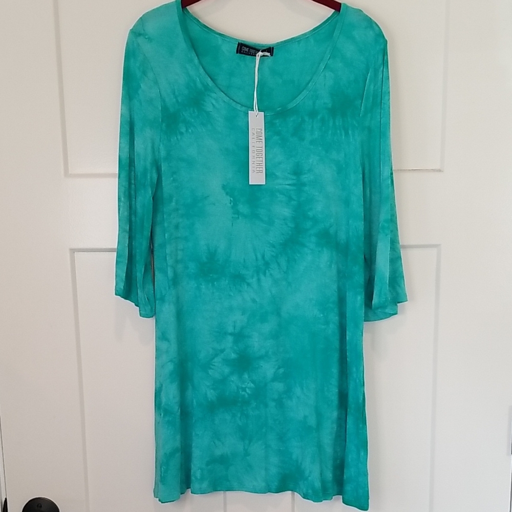 NWT Womens V-Neck 3/4 Bell Sleeve Teal Tie-Dye Dress Or Tunic Size Medium Jade